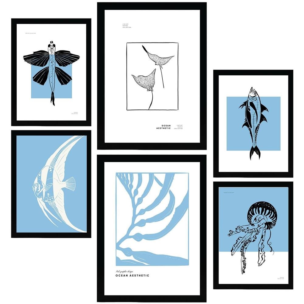 Set Di 6 Francobolli In Inchiostro Nero, Stampe Artistiche Di Pesci Rari Di Mare E Oceano Per L'Interior Design A3 E A4 Senza Cornice - Foto 1