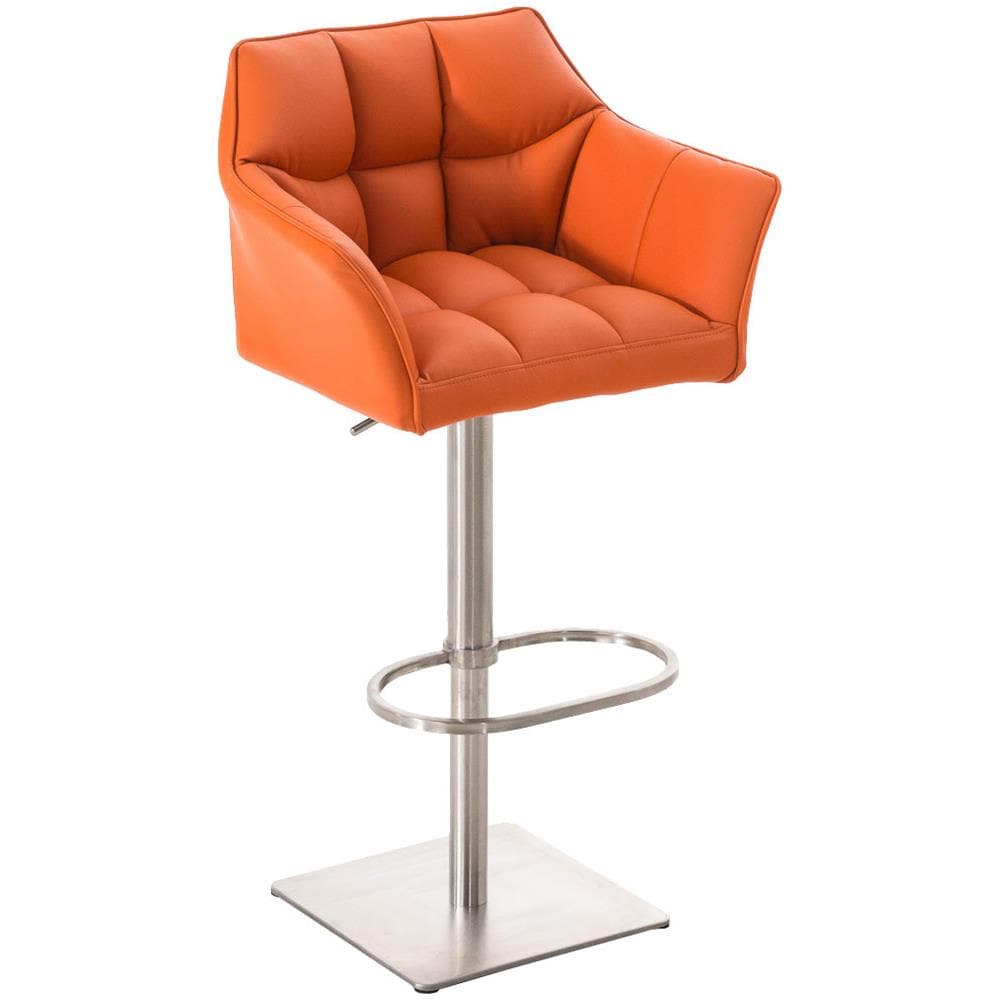 Sgabello Alto Regolabile Damaso in Similpelle I Sgabello Bancone con Braccioli E Schienale Imbottiti E Poggiapiedi, H 58-83 CM Arancione Acciaio Inox - Foto 1