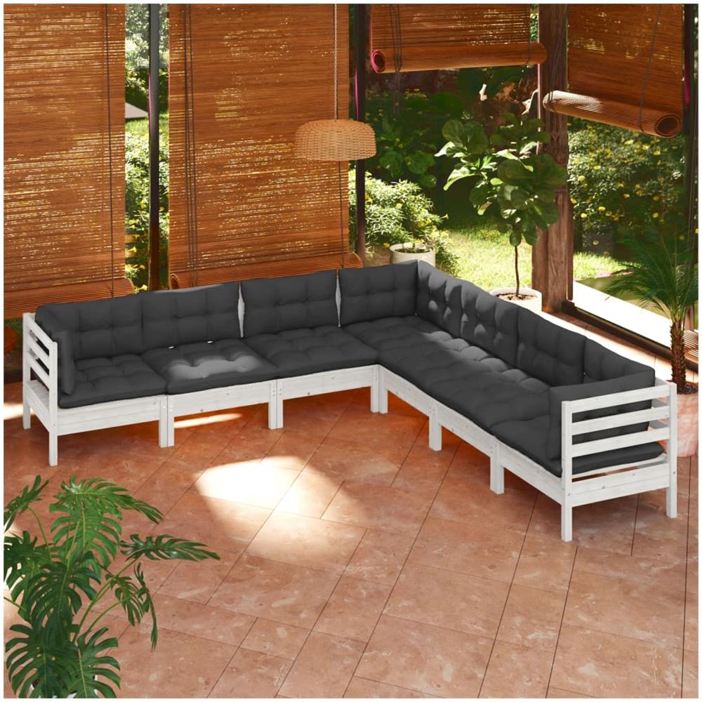 Set Divani Da Giardino 7 Pz Con Cuscini Bianchi Legno Di Pino - Foto 1