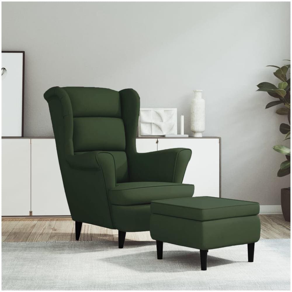 Poltrona Schienale Ad Ala Con Poggiapiedi Verde Scuro Velluto - Foto 1