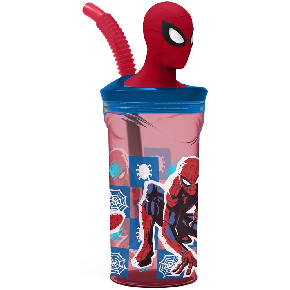 Bicchiere Blu E Rosso Per Bambini In Plastica Spiderman Uomo Ragno 360 Ml Con Cannuccia E Figura 3d Del Personaggio - Foto 1