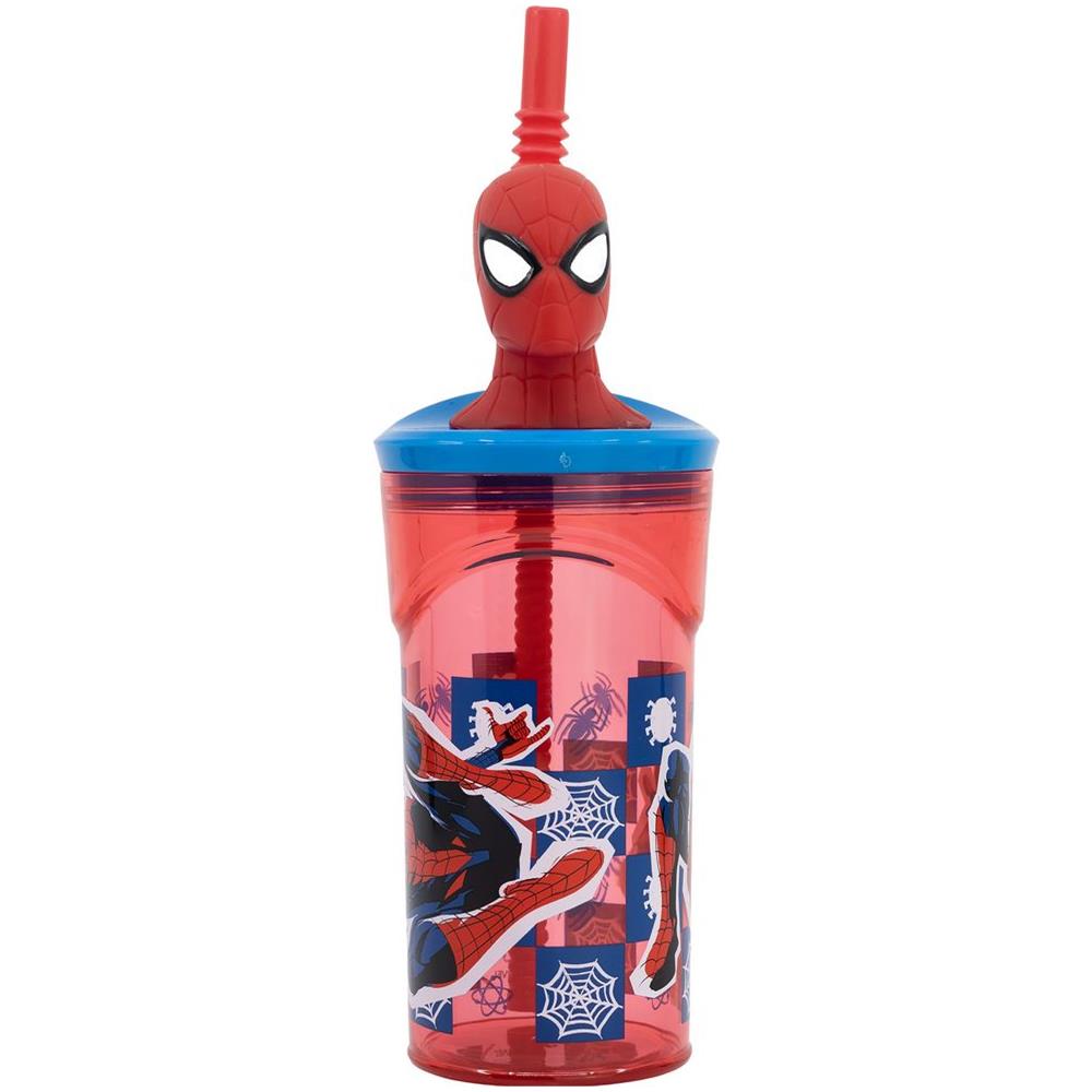 Bicchiere Blu E Rosso Per Bambini In Plastica Spiderman Uomo Ragno 360 Ml Con Cannuccia E Figura 3d Del Personaggio - Foto 2