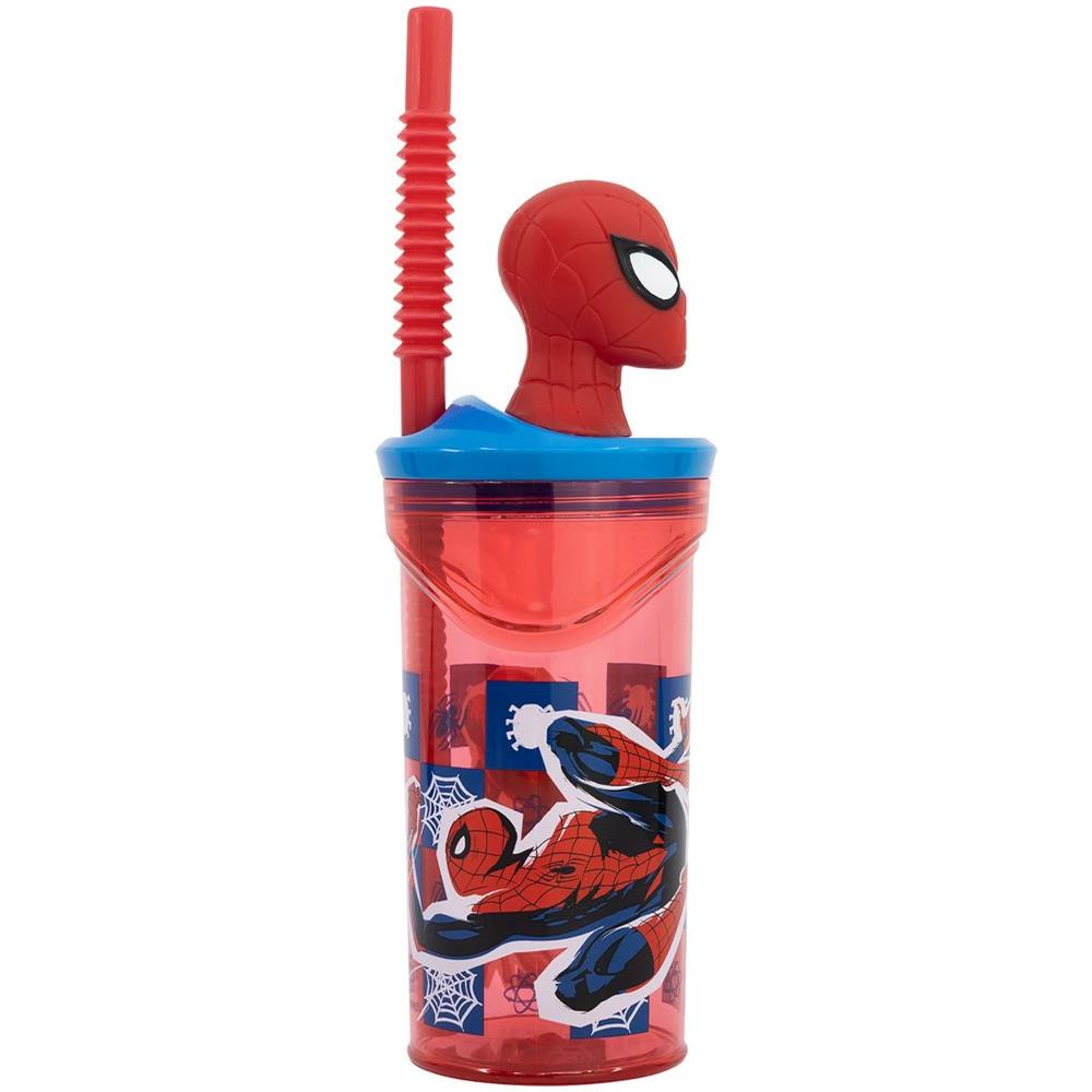 Bicchiere Blu E Rosso Per Bambini In Plastica Spiderman Uomo Ragno 360 Ml Con Cannuccia E Figura 3d Del Personaggio - Foto 3
