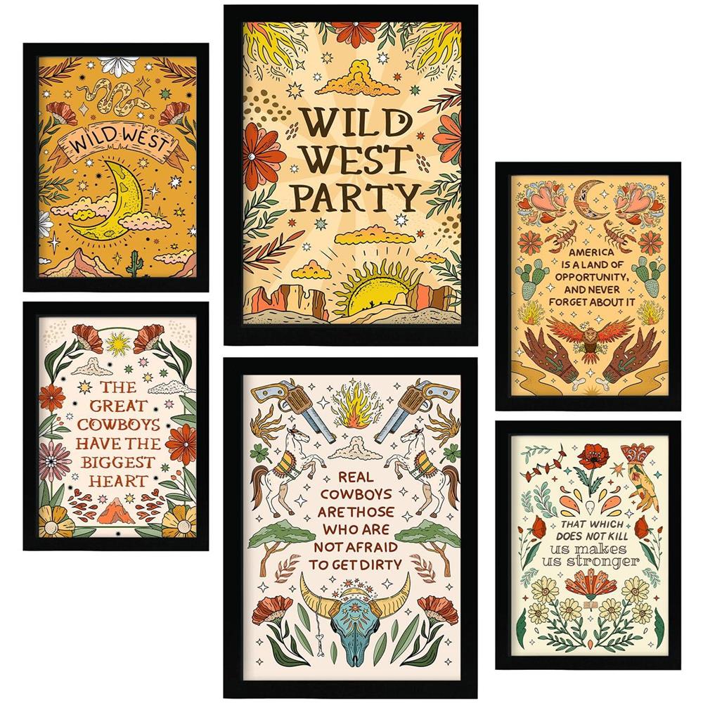 Set Di 6 Stampe Di Meravigliosi Dipinti Decorativi Con Estetica Del Selvaggio West Per Il Tuo Soggiorno O La Tua Casa. Stampa Artistica Da Parete In Formato A3 E A4, Cornice Nera. - Foto 1
