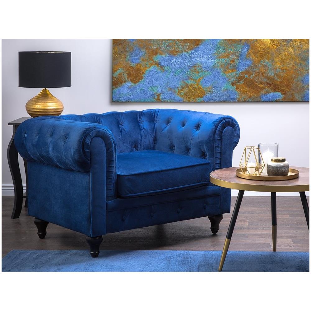 Poltrona Vintage In Tessuto Vellutato Blu Chesterfield - Foto 2