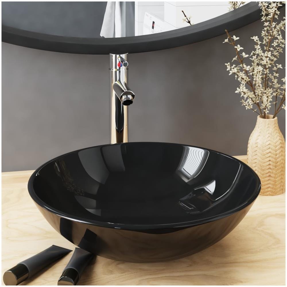 Lavandino Bagno Con Rubinetto E Piletta In Vetro Temperato Nero - Foto 1