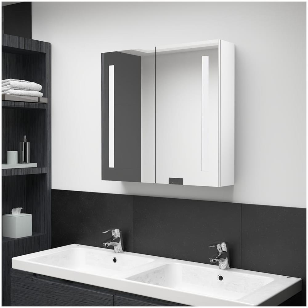 Armadietto Bagno con Specchio e LED Bianco Lucido 62x14x60 cm - Foto 1