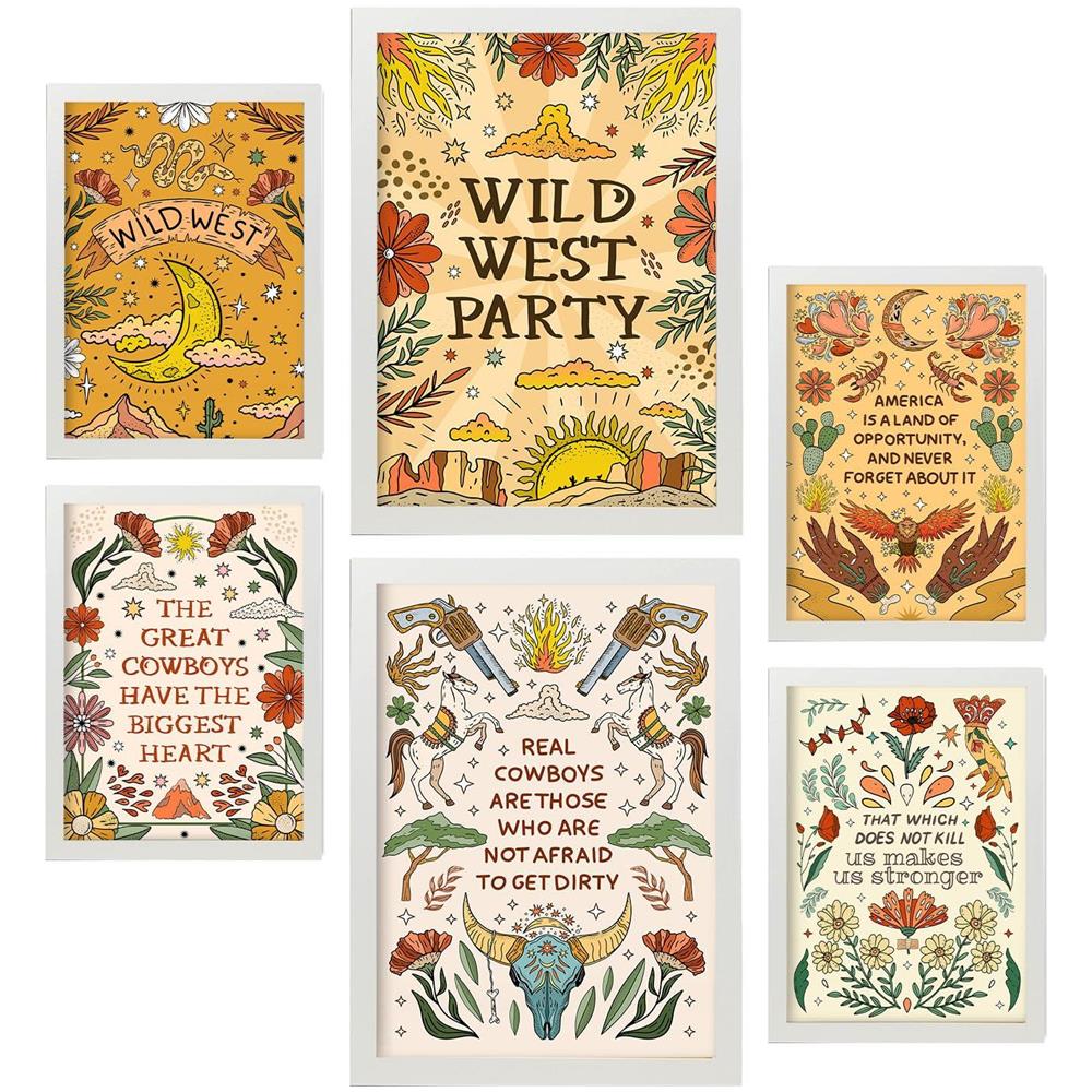 Set Di 6 Stampe Di Meravigliosi Dipinti Decorativi Con Estetica Del Selvaggio West Per Il Tuo Soggiorno O La Tua Casa. Stampa Artistica Da Parete A3 E A4 Cornice Bianca. - Foto 1