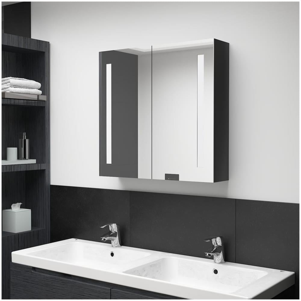 Armadietto Bagno con Specchio e LED Nero Lucido 62x14x60 cm - Foto 1