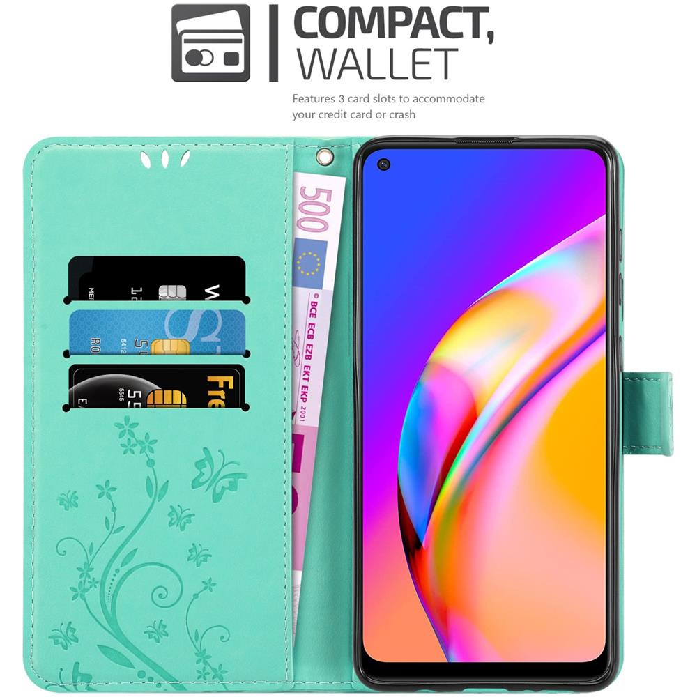 Custodia Compatibile Con Oppo A94 5g In Turchese Fiore - Coperchio Protettivo In Design Floreale Con Chiusura Magnetica, Funzione Stand E Slot Per Carte - Foto 2