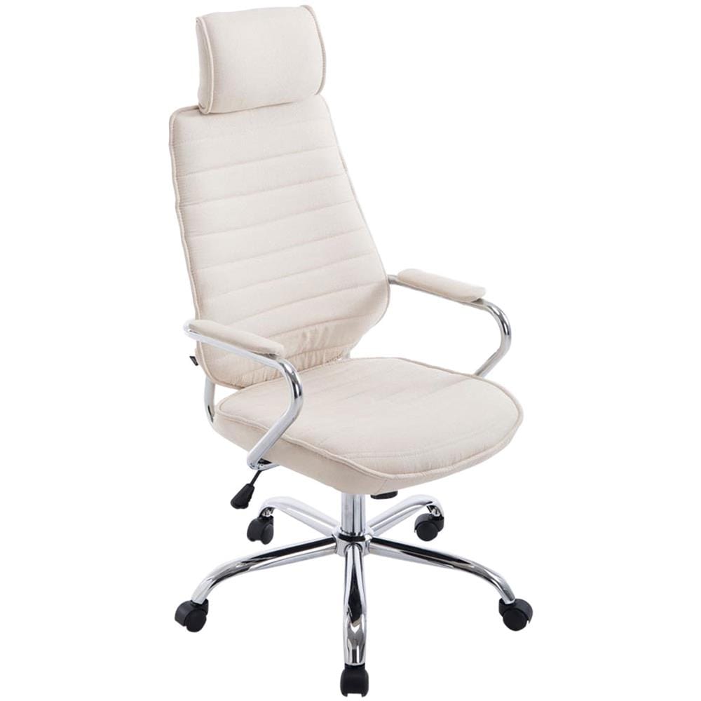 Poltrona da Ufficio Rako con Poggiatesta in Tessuto e Metallo - Poltrona Direzionale Regolabile 46-57cm - Sedia Imbottita con Braccioli e Ruote Crema - Foto 1