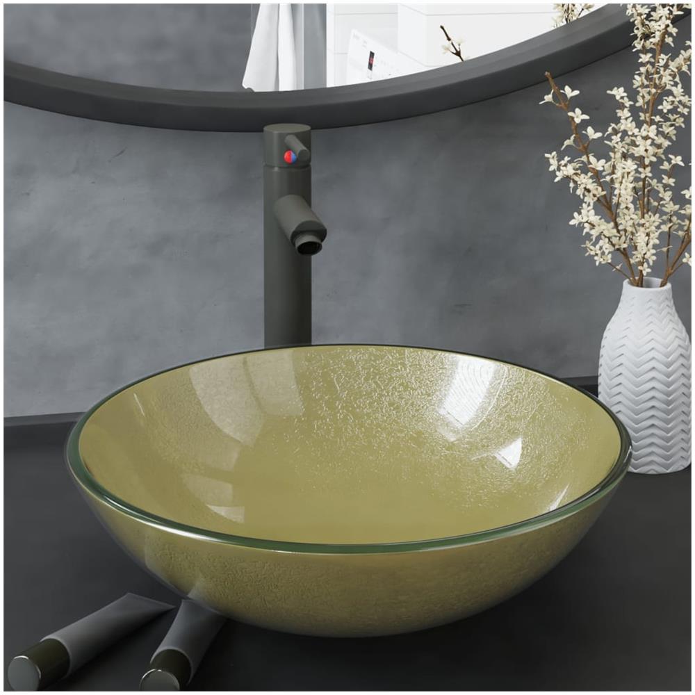 Lavandino Rubinetto E Piletta A Pressione Vetro Temperato Oro - Foto 1