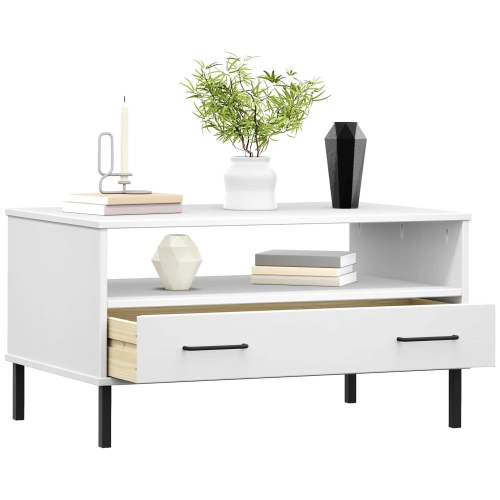 Tavolino Gambe Metallo Bianco 85x50x45 Cm Legno Massello Oslo - Foto 3