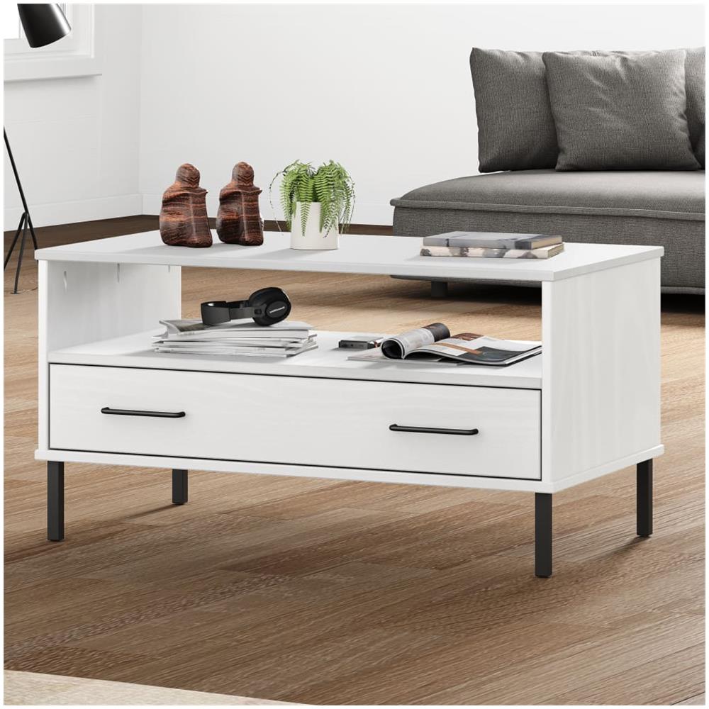 Tavolino Gambe Metallo Bianco 85x50x45 Cm Legno Massello Oslo - Foto 1
