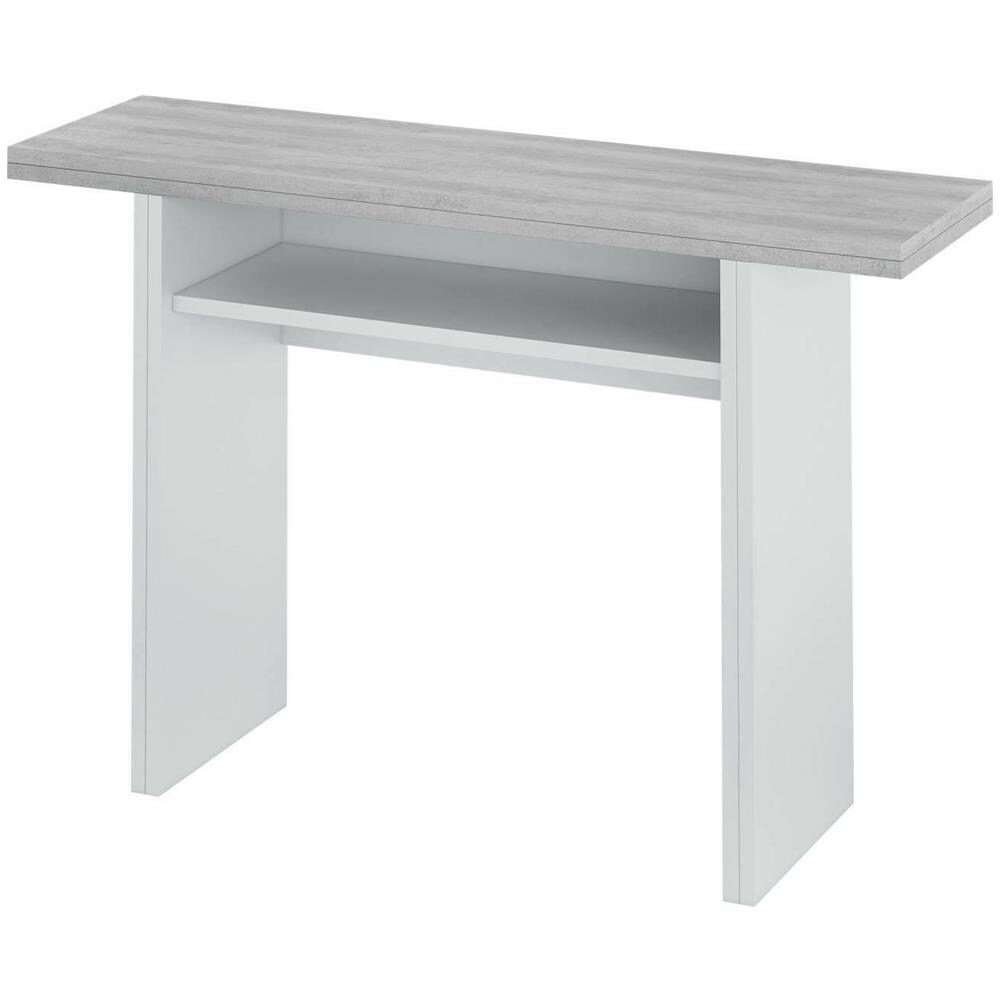 Tavolo Allungabile Garland, Tavolo Estensibile Con Apertura A Libro, Tavolo Consolle Ausiliare Pieghevole, 120x35h77 Cm, Bianco E Cemento - Foto 2