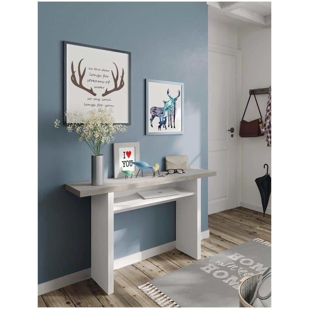 Tavolo Allungabile Garland, Tavolo Estensibile Con Apertura A Libro, Tavolo Consolle Ausiliare Pieghevole, 120x35h77 Cm, Bianco E Cemento - Foto 4