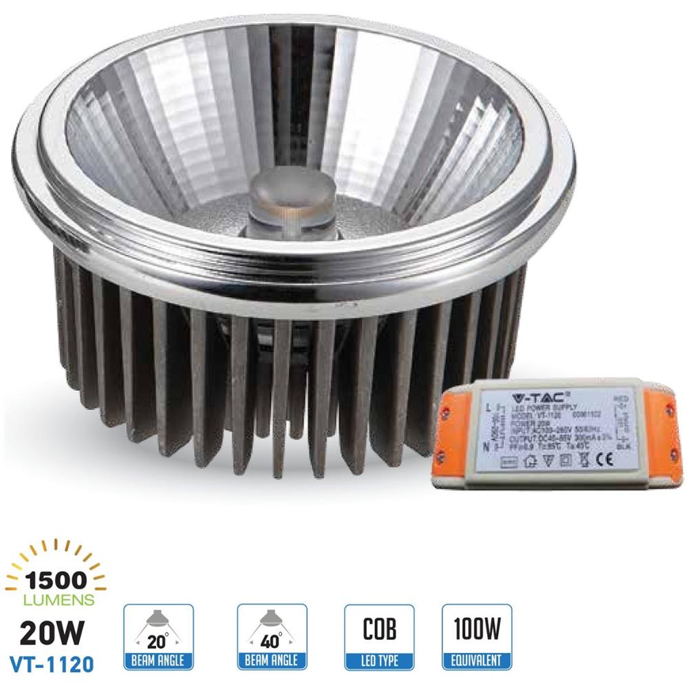Faretti Led Incasso 20w Ar111 Cob Luce Naturale 4500k 20 V Tac Vt-1120 1244 - Foto 1