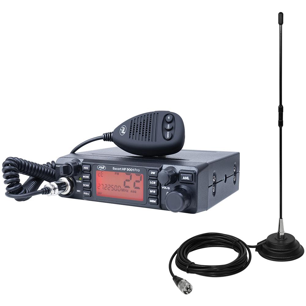 Pacchetto Cb Escort Stazione Radio Asq Hp 9001 Pro Regolabile, Am-fm, 12v / 24v, 4w + Cb Antenna Extra 40 Con Magnete, 30w, 26-30mhz, Swr 1.0, Fibra Di Vetro - Foto 1