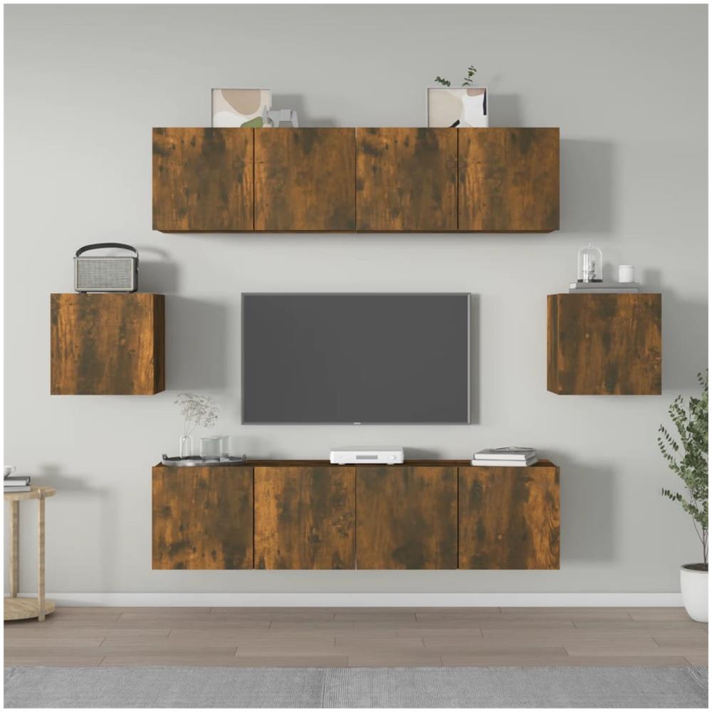 Set Di Mobili Porta Tv 6 Pz Rovere Fumo In Legno Multistrato - Foto 1