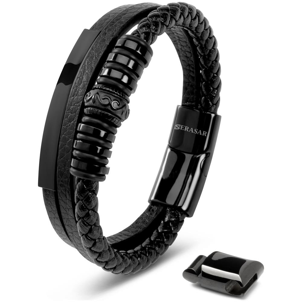 Bracciale in Pelle per Uomo, ""Shine"", 23cm, Nero - Foto 1