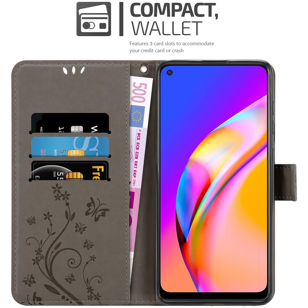 Custodia Compatibile Con Oppo A94 5g In Grigio Fiore - Coperchio Protettivo In Design Floreale Con Chiusura Magnetica, Funzione Stand E Slot Per Carte - Foto 2