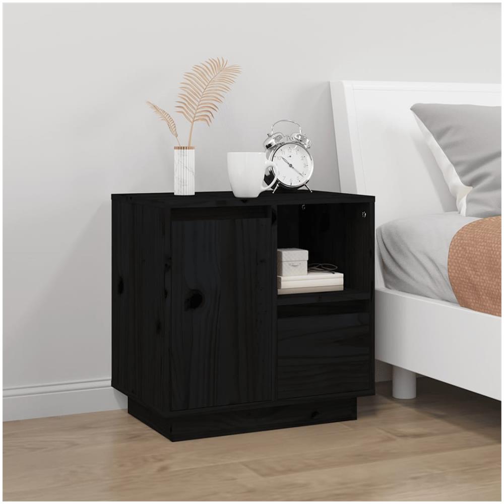 Comodino Nero 50x34x50 Cm In Legno Massello Di Pino - Foto 1