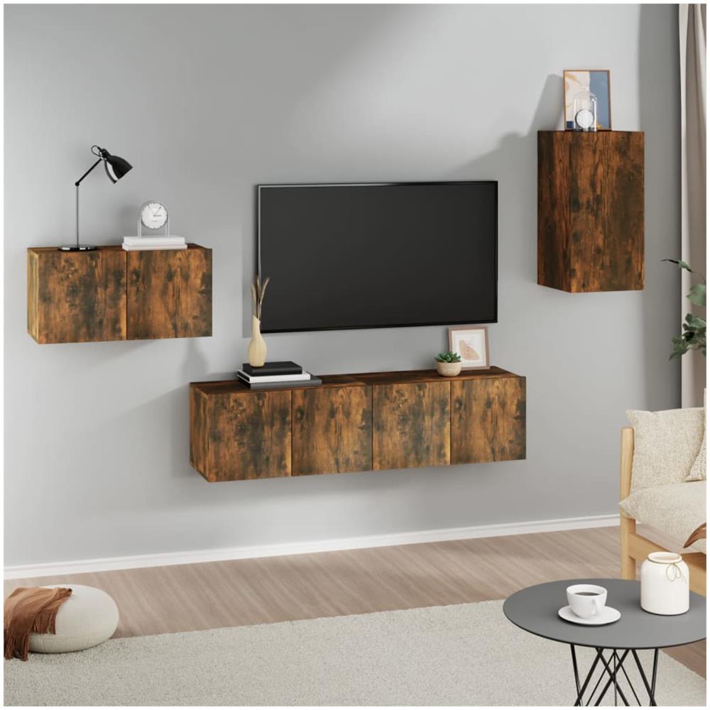 Set Di Mobili Porta Tv 4 Pz Rovere Fumo In Legno Multistrato - Foto 1