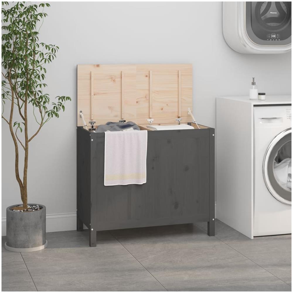 Contenitore Per Bucato Grigio 88,5x44x76 Cm Legno Massello Pino - Foto 1