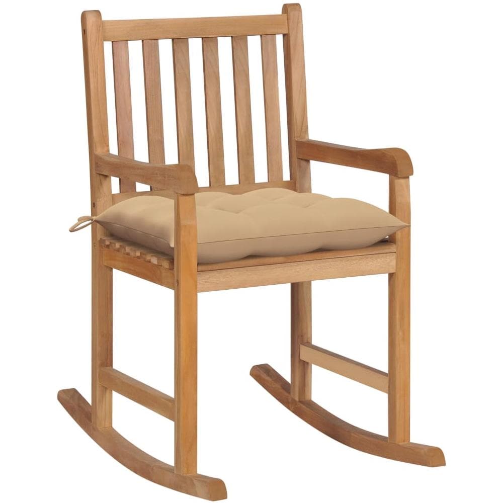 Sedia A Dondolo Con Cuscino Beige In Massello Di Teak - Foto 1