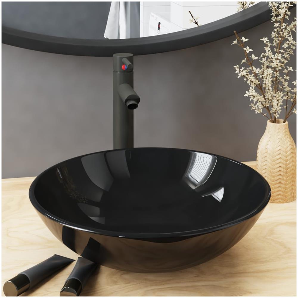 Lavandino Bagno Con Rubinetto E Piletta In Vetro Temperato Nero - Foto 1