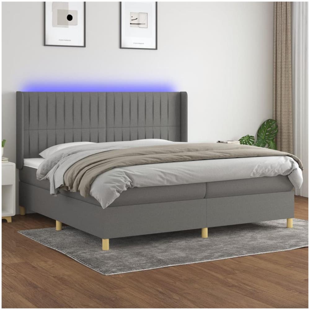 Letto A Molle Materasso E Led Grigio Scuro 200x200cm In Tessuto - Foto 1