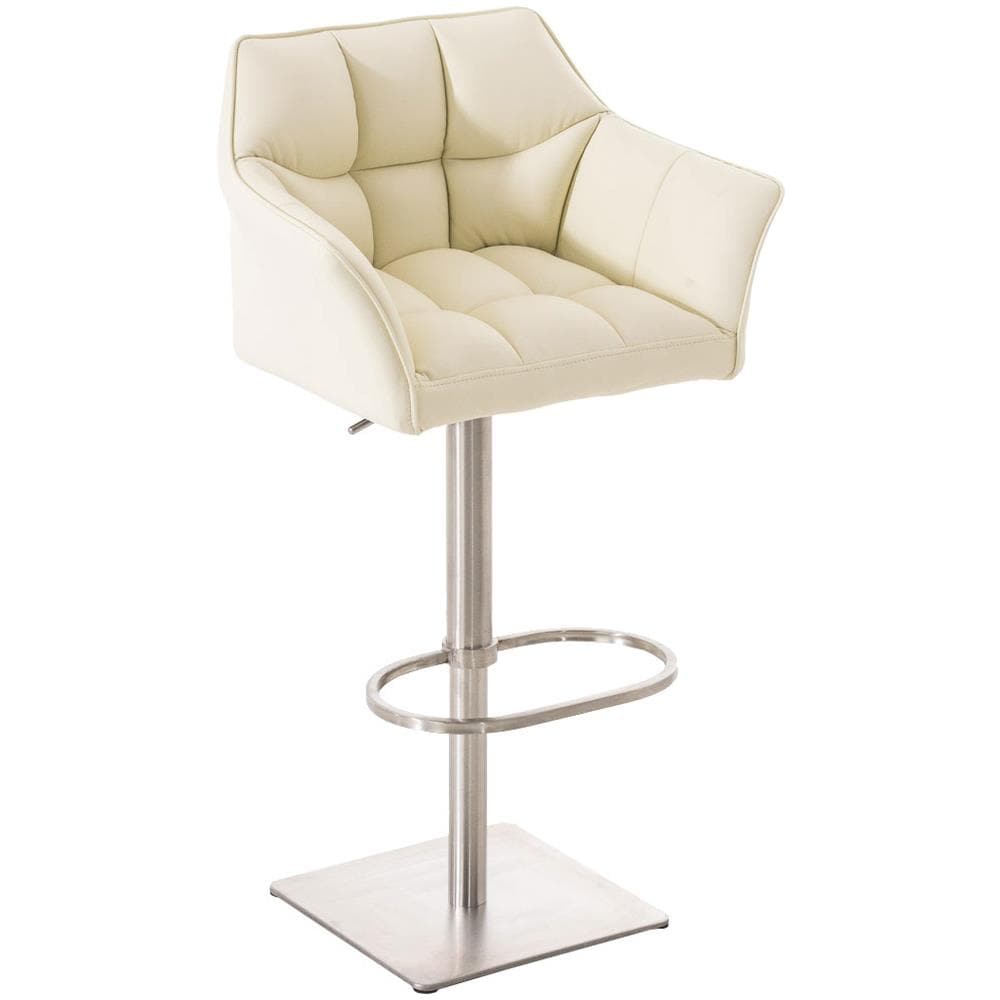 Sgabello Alto Regolabile Damaso in Similpelle I Sgabello Bancone con Braccioli E Schienale Imbottiti E Poggiapiedi, H 58-83 CM Crema Acciaio Inox - Foto 1