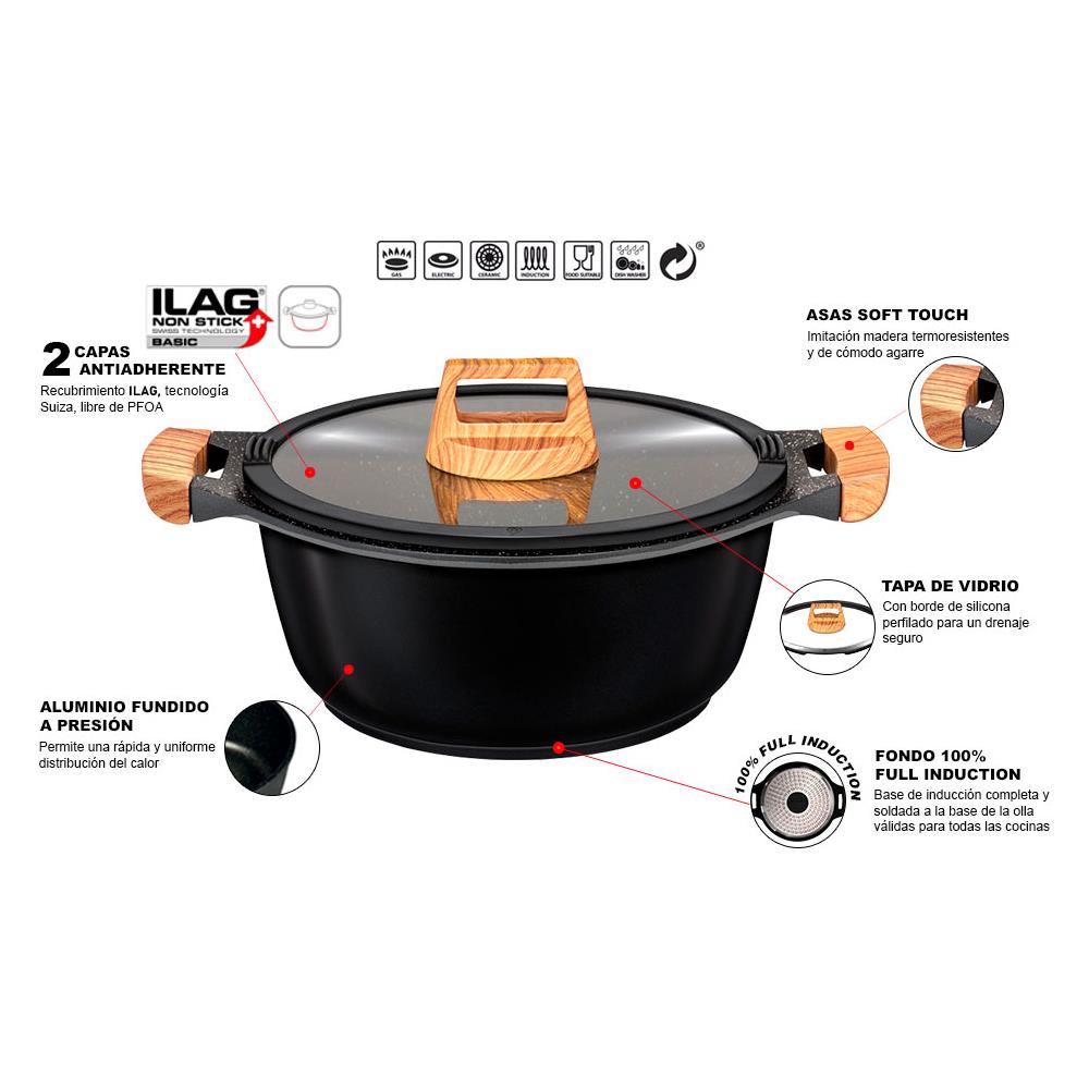 Wood Batteria Da Cucina 3 Pezzi In Alluminio Fuso, Induzione, Coperchi Vetro Nero - Foto 8