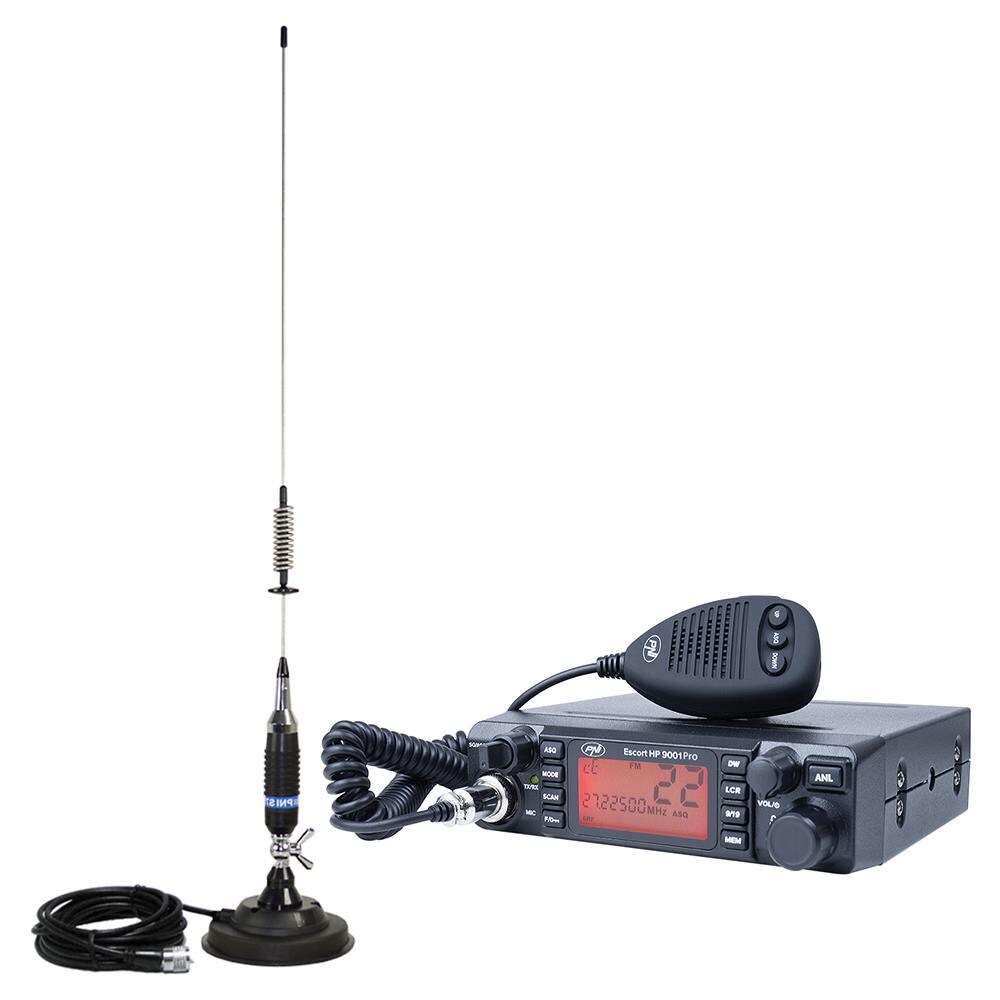 Radio CB PNI Escort HP 9001 Pro ASQ Ajustable, Am-FM, 12V / 24V, 4W CB Antena PNI Extra 40 con imán, 30W, 26-30MHz, SWR 1.0, Fibra de Vidrio