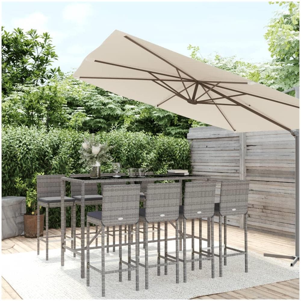 Set Bar Da Giardino 9 Pz Con Cuscini In Polyrattan Grigio - Foto 1
