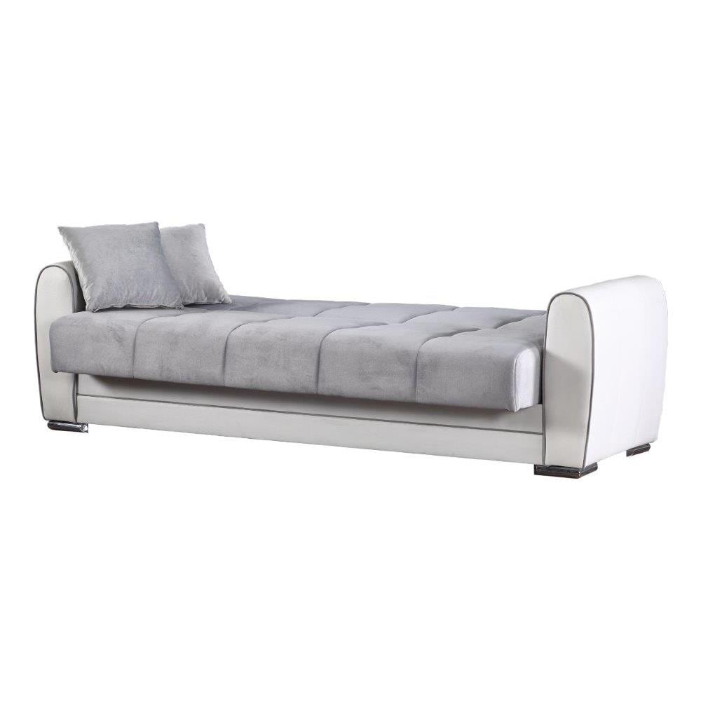 Divano Letto Luis, Divano Letto Contenitore A 3 Posti In Ecopelle E Tessuto, Sofà Da Soggiorno In Tessuto Imbottito Con Apertura Click-clack, 220x84h91 Cm, Bianco E Grigio - Foto 2