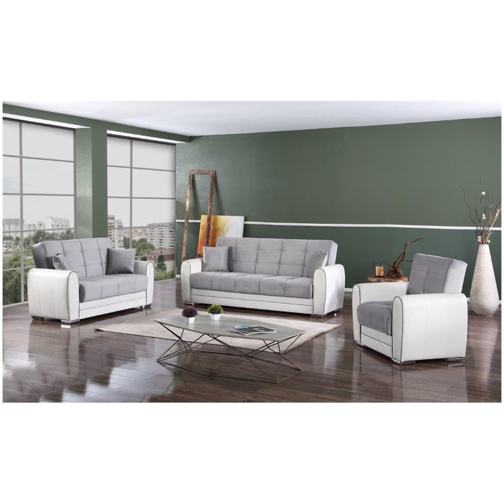 Divano Letto Luis, Divano Letto Contenitore A 3 Posti In Ecopelle E Tessuto, Sofà Da Soggiorno In Tessuto Imbottito Con Apertura Click-clack, 220x84h91 Cm, Bianco E Grigio - Foto 4