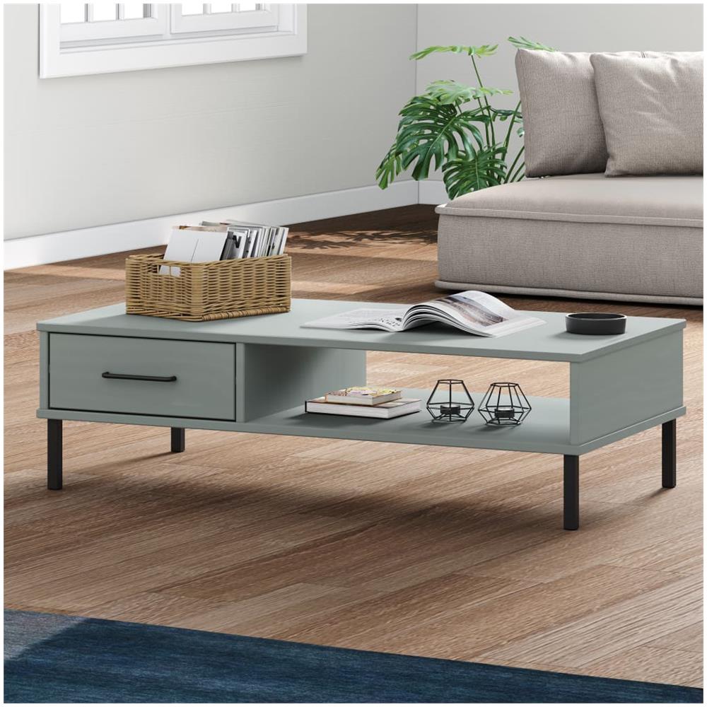Tavolino Salotto Gambe Metallo Grigio Legno Massello Pino Oslo - Foto 1