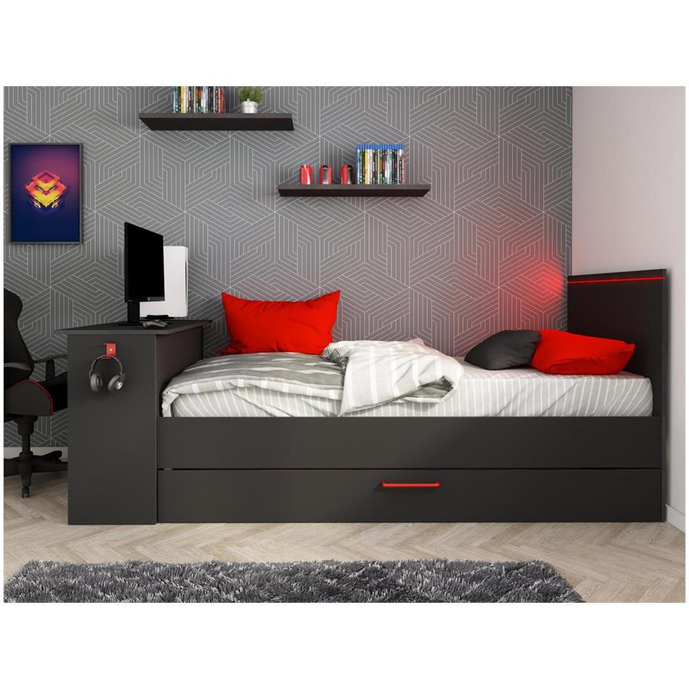 Letto A Scomparsa Gamer 90 X 200 Cm E 90 X 190 Cm - Con Scrivania - Led - Antracite E Rosso - Vouani - Foto 2