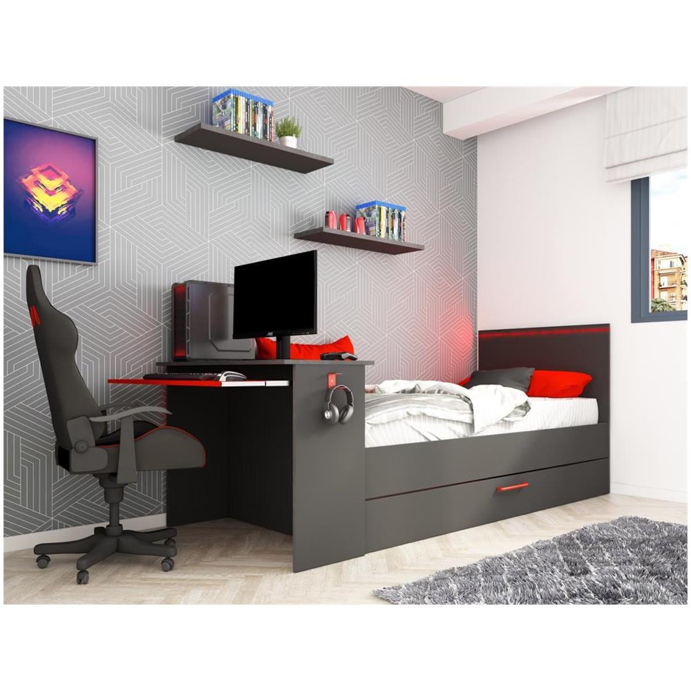 Letto A Scomparsa Gamer 90 X 200 Cm E 90 X 190 Cm - Con Scrivania - Led - Antracite E Rosso - Vouani - Foto 1