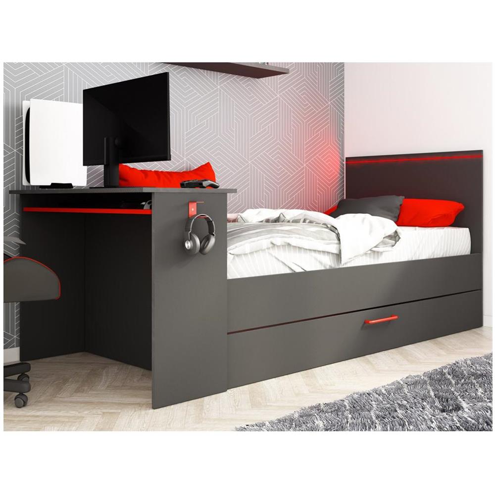 Letto A Scomparsa Gamer 90 X 200 Cm E 90 X 190 Cm - Con Scrivania - Led - Antracite E Rosso - Vouani - Foto 5