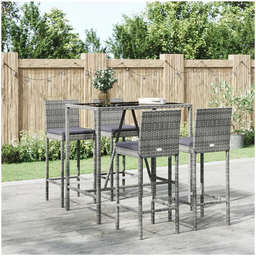 Set Bar Da Giardino 5 Pz Con Cuscini In Polyrattan Grigio - Foto 1