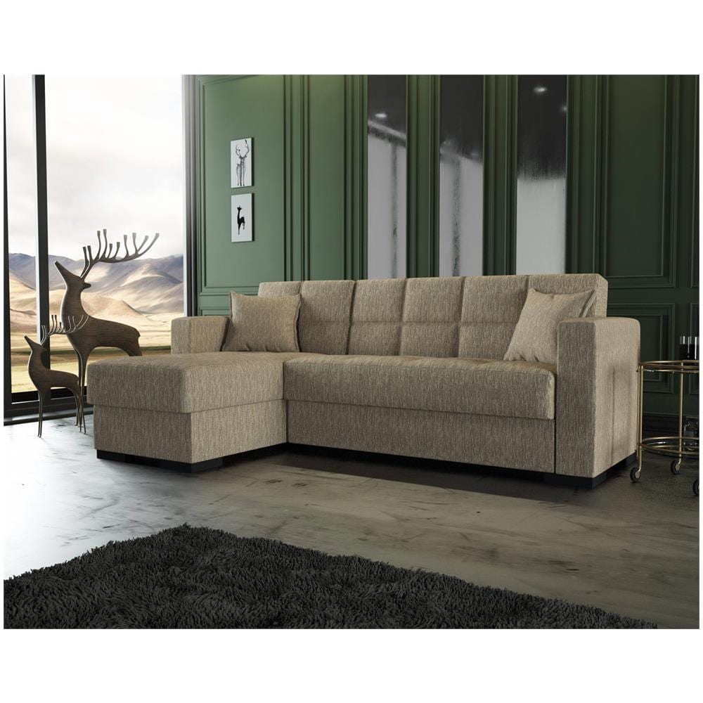 Divano Letto Fernando, Divano Letto Ad Angolo Con Penisola Reversibile, Sofà Contenitore Da Soggiorno Con Chaislongue E 2 Cuscini, 230x150h81 Cm, Beige - Foto 1