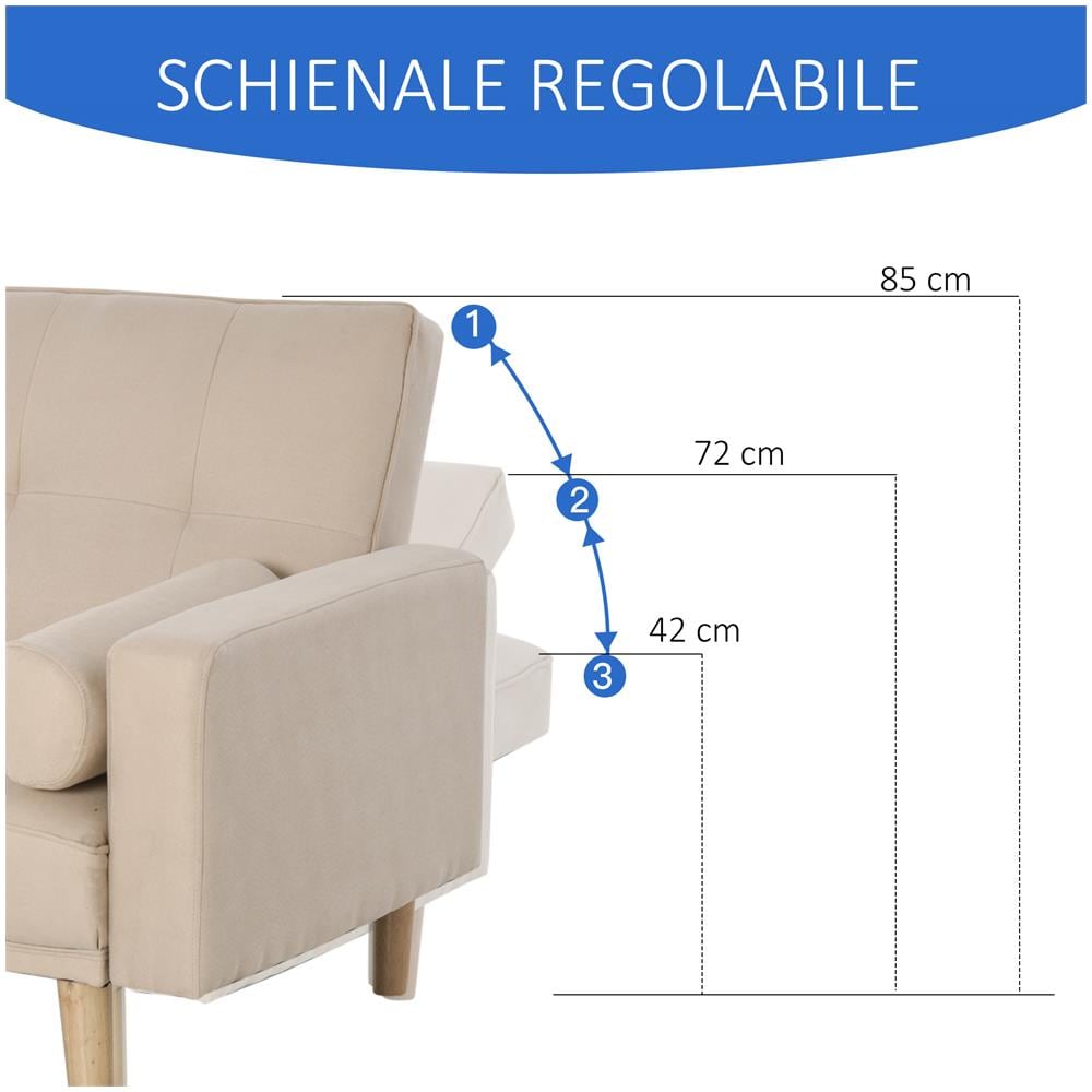 Divano Letto 3 Posti con Schienale Regolabile su 3 Livelli Beige - Foto 6