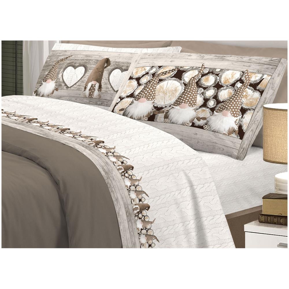 Completo Lenzuola Flanella Pensieri Delicati 100% Cotone Disegno Gnomi Singolo Beige - Foto 1