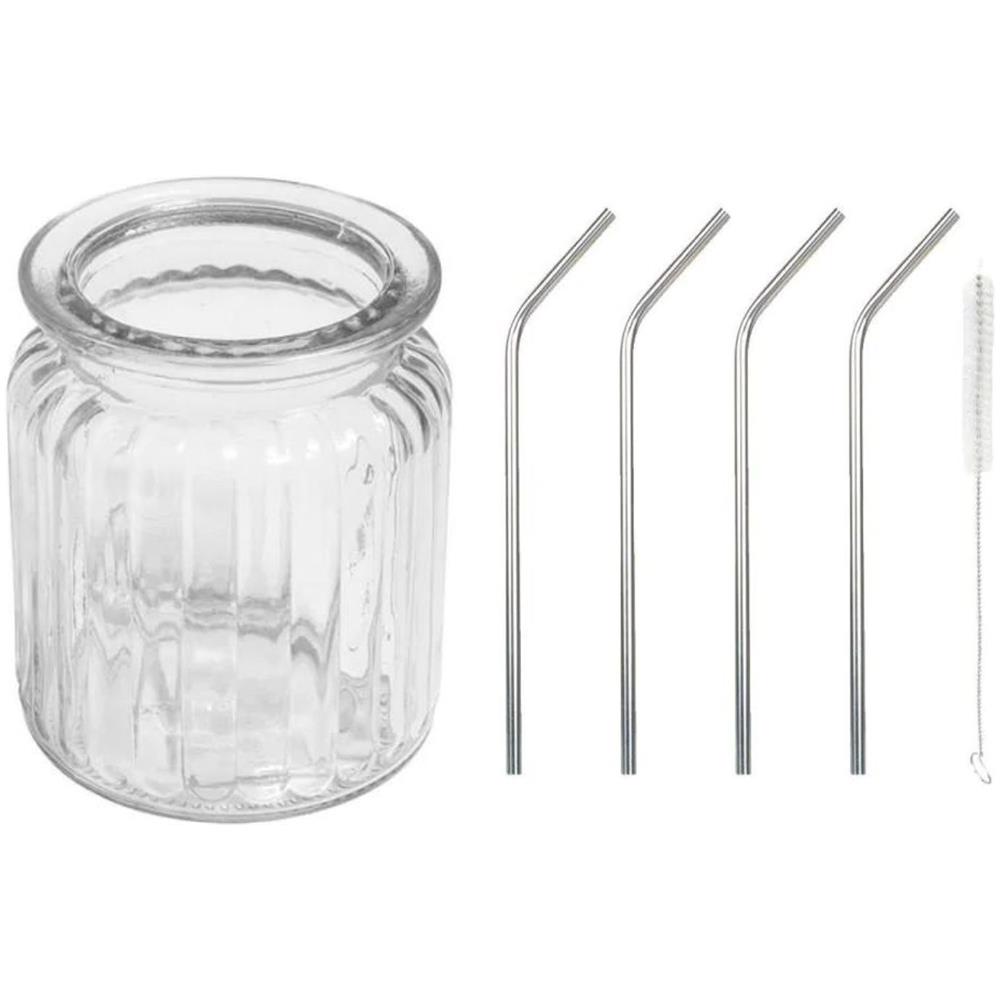 Contenitore Di Vetro Con 270 Ml Scanalature + 4 Cannucce In Acciaio Inossidabile - Foto 1