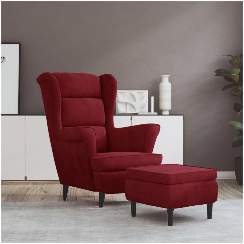 Poltrona Schienale Ad Ala Con Poggiapiedi Rosso Vino In Velluto - Foto 1