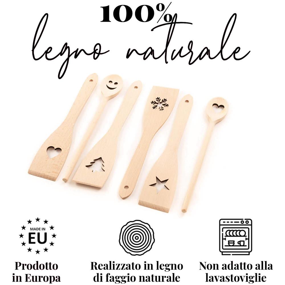 Set Di 6 Pezzi - Cucchiaio Da Cucina, Spatola, Utensili In Legno Di Faggio Con Motivi (30cm) - Foto 1