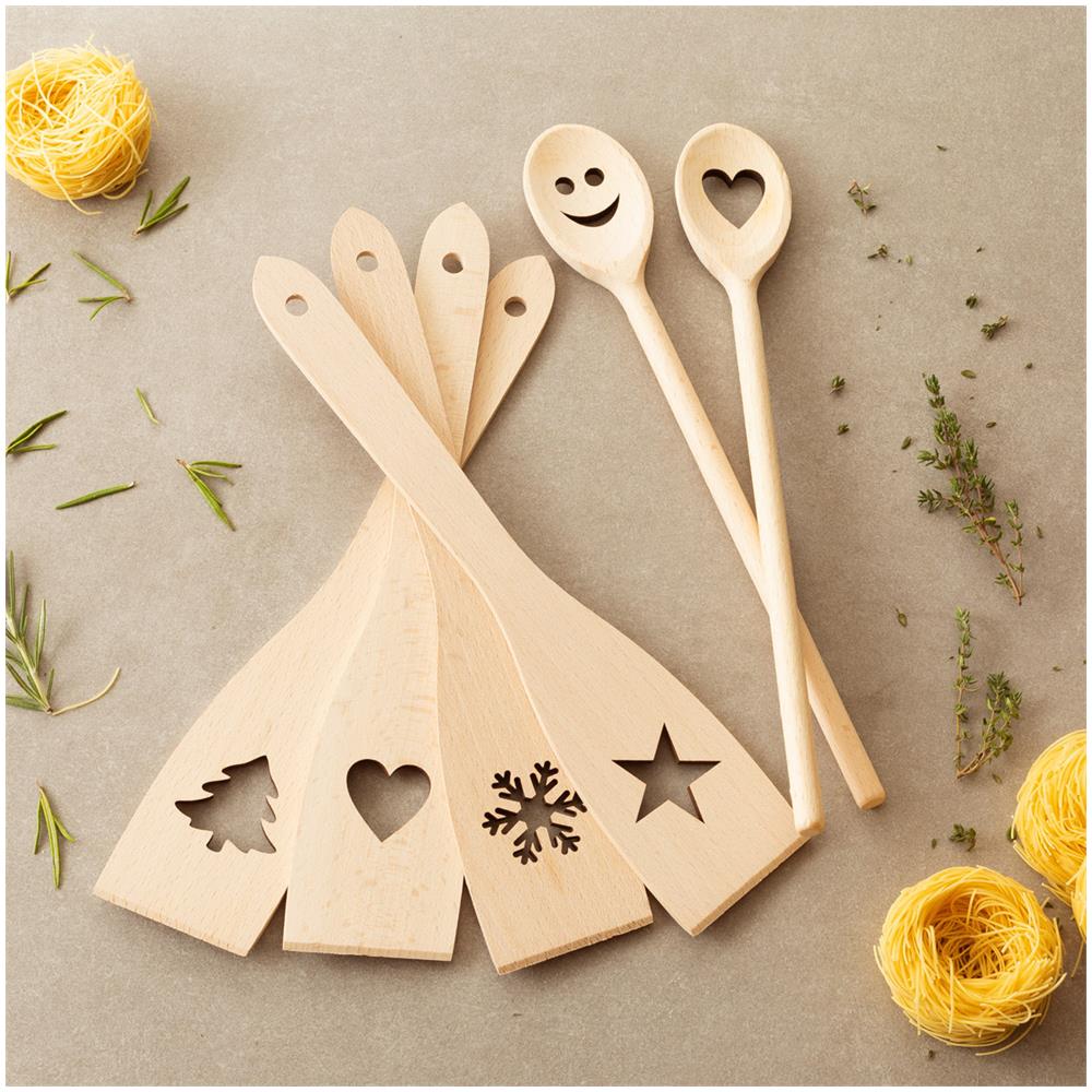 Set Di 6 Pezzi - Cucchiaio Da Cucina, Spatola, Utensili In Legno Di Faggio Con Motivi (30cm) - Foto 3