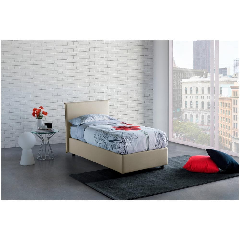 Letto Singolo Brunella, Letto Contenitore Con Rivestimento In Tessuto, 100% Made In Italy, Apertura Frontale, Con Materasso Cm 80x190 Incluso, Beige - Foto 1